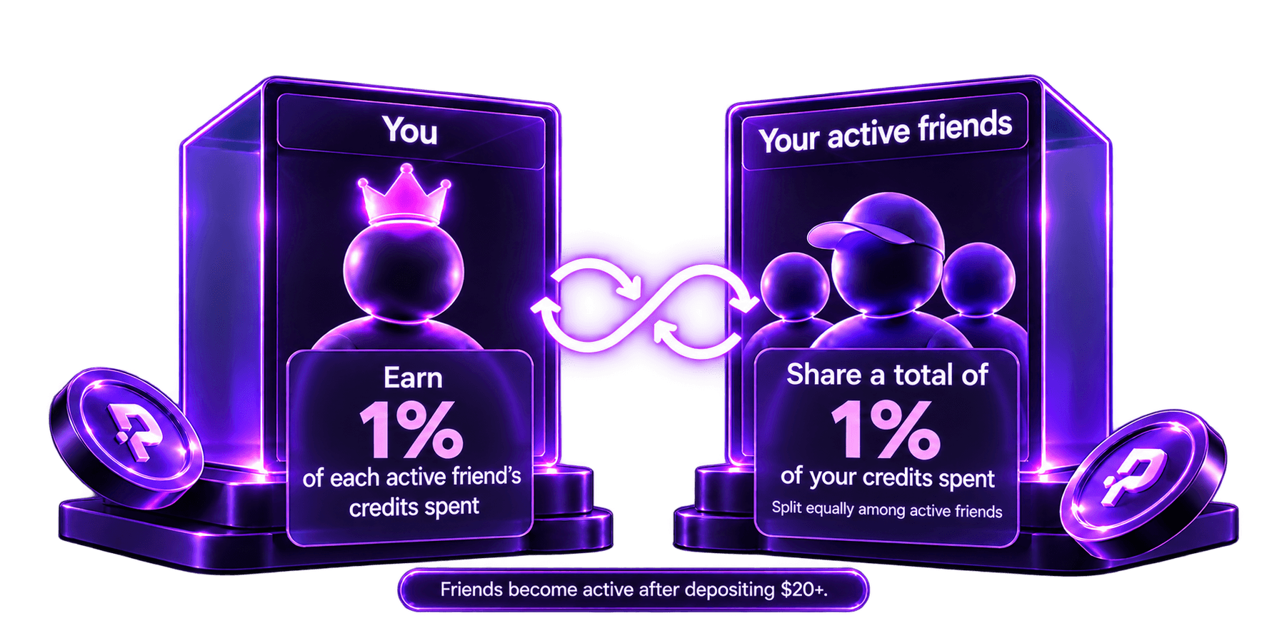 Two purple 3D referral cards connecting you and your friend